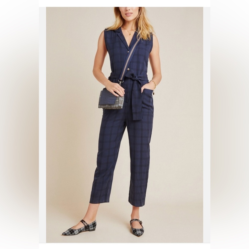 Anthropologie Navy Plaid Jumpsuit